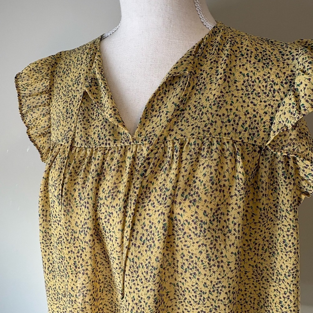 Bodyflirt Yellow Floral Ruffle Cap Sleeve V-Neck Blouse Size 6 - Picture 2 of 10